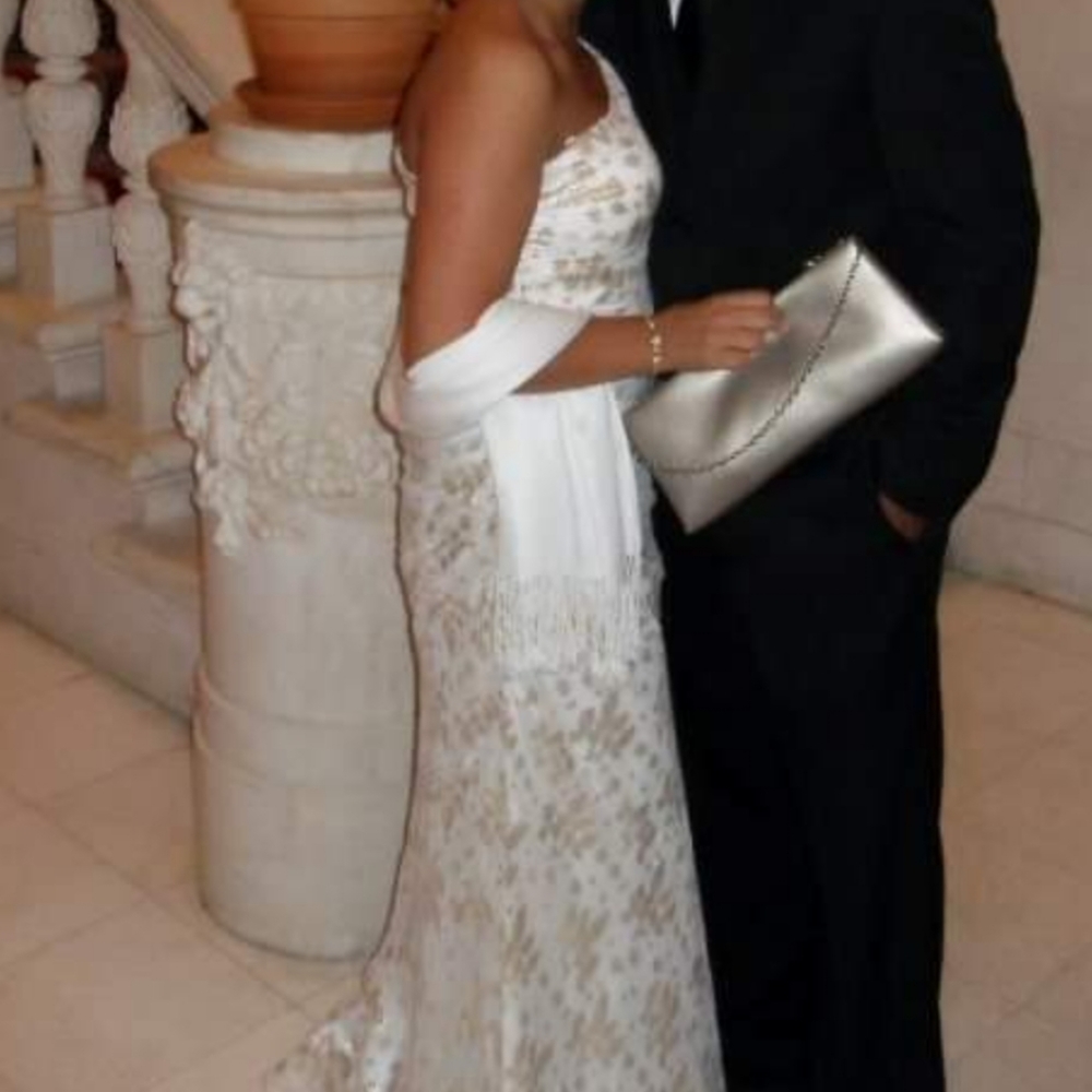 White and Gold, One Shoulder Gown, Size 8
